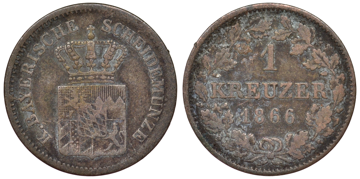 Бавария 1 крейцер 1866 Людвиг II (1864-1886) KM 487 серебро 71-1028