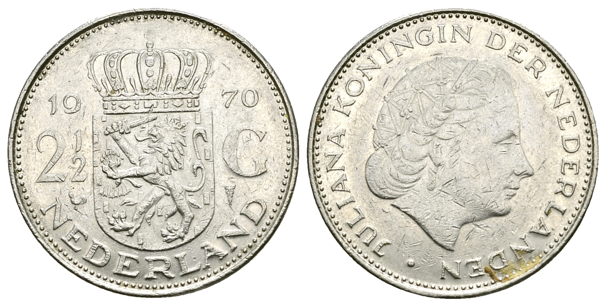 Нидерланды 2 1/2 гульдена 1970 Юлиана (1948-1980) KM 191 никель 4385-913