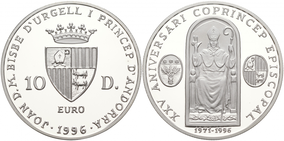 Андорра 10 динеров 1996 25 лет соправления  Жоана Марти-и-Аланиса, ECU KM 125 серебро PROOF 02-037-15