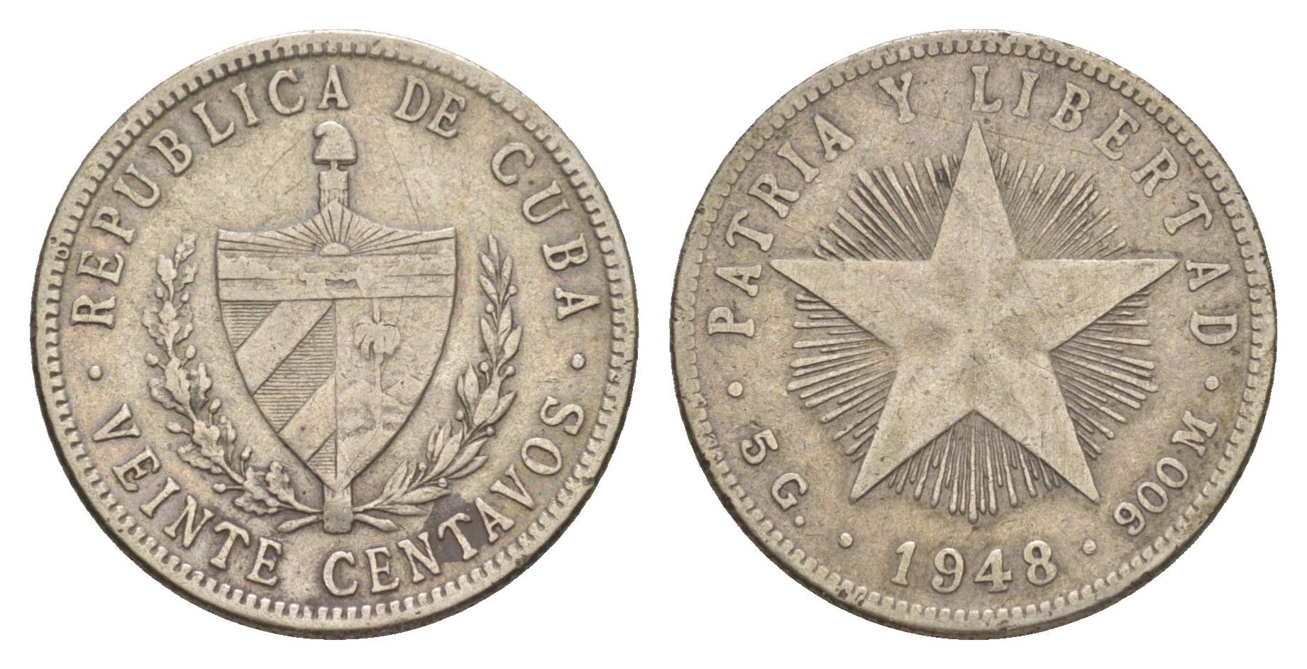 Куба 20 сентаво 1948 KM 13 серебро 4646-535