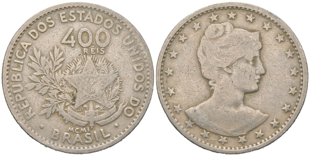 Бразилия 400 реалов 1901 MCMI, голова свободы вправо KM 505 медно-никель 4612-457