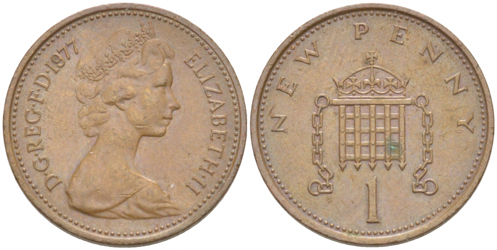Великобритания 1 пенни 1977 Елизавета II (1952-2022) KM 915, Spink 4237 (B1) бронза 214-1054