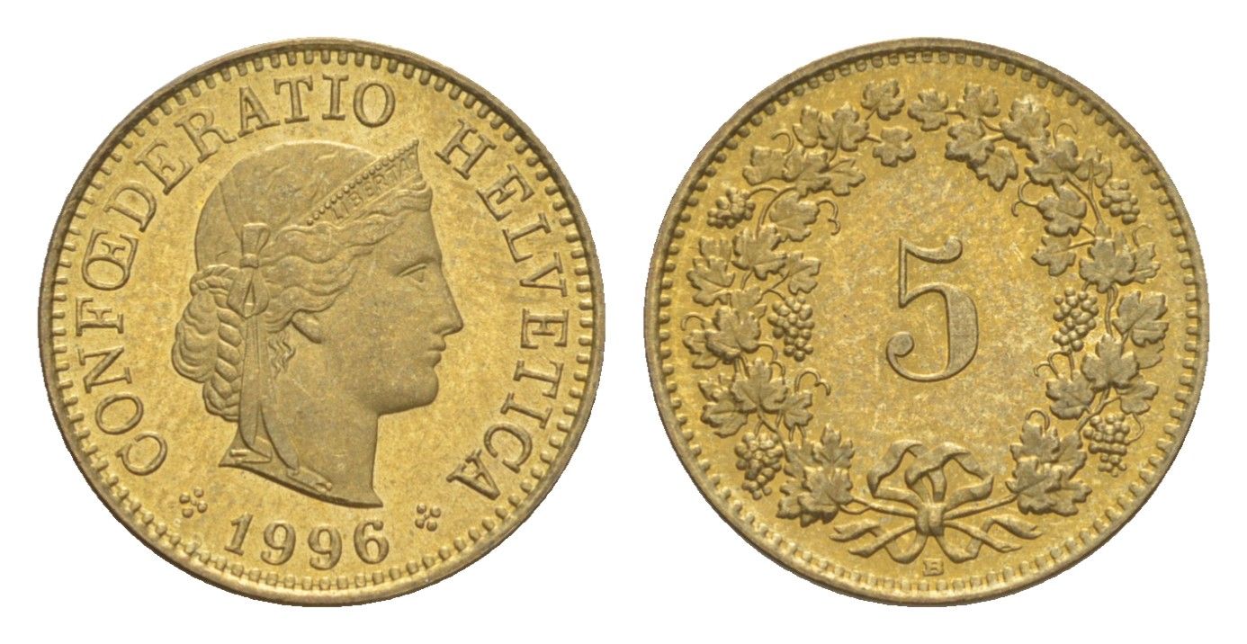 Швейцария 5 раппенов 1996 B KM 26c алюминиевая бронза UNC 4627-934