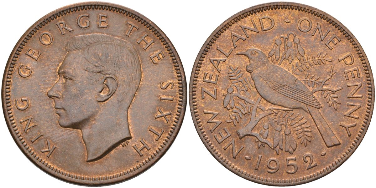 Новая Зеландия 1 пенни 1952 Георг VI (1936-1952), новозеландский туи KM 21 бронза 4368-223