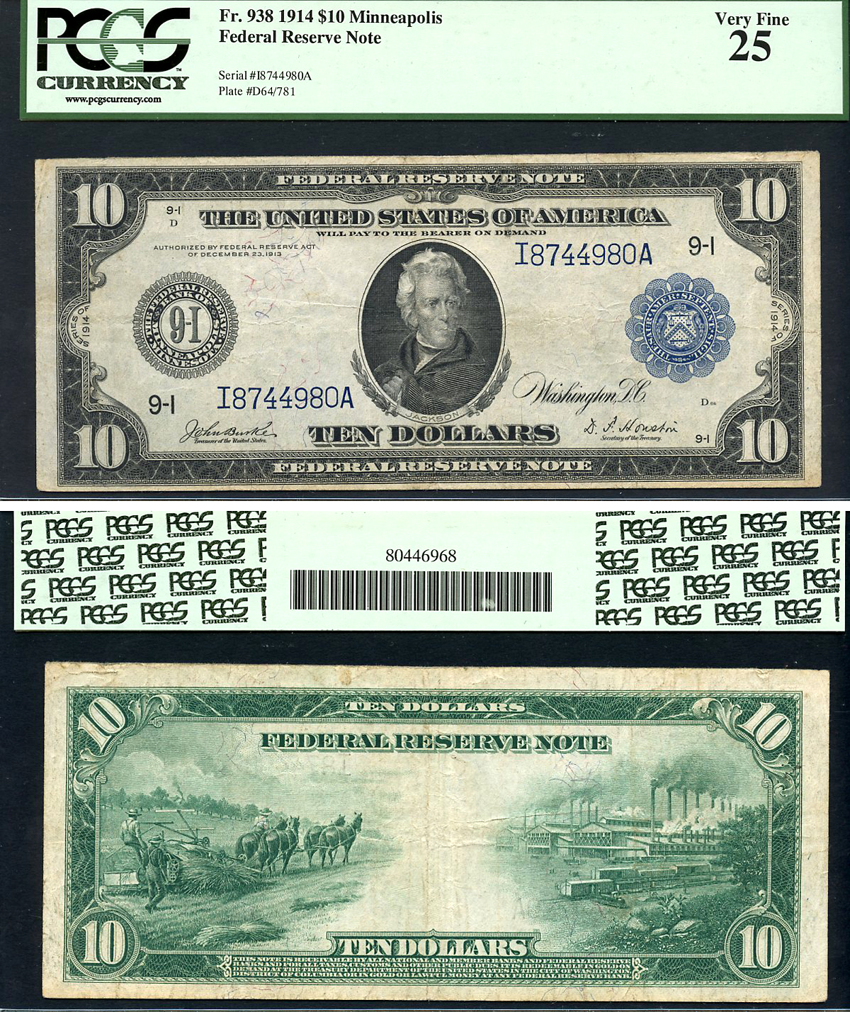США 10 долларов 1914 National Bank Note, Миннеаполис, Эндрю Джексон - 7-й президент США, голубая серия, в слабе PCGS 25 Fr 938  бумага   452-1-147