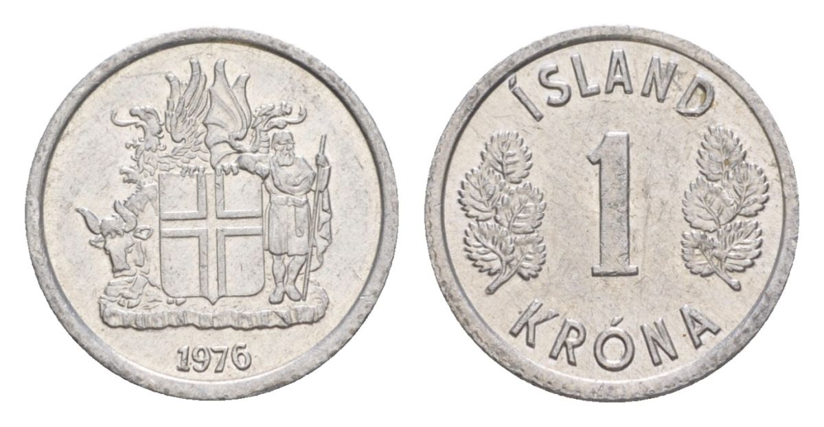 Исландия 1 крона 1976 KM 23 алюминий UNC 4632-957