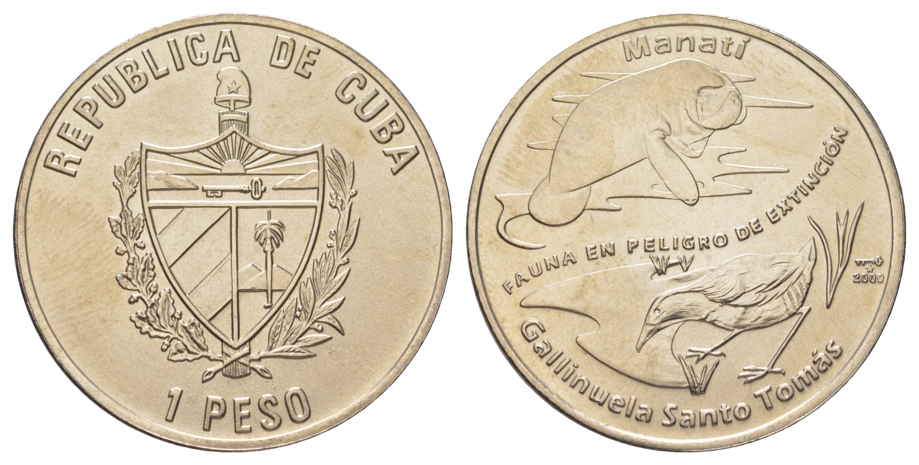 Куба 1 песо 2009 серия исчезающие виды животного мира, ламантин и кубинский погоныш KM 910 медно-никель  UNC  M66-02