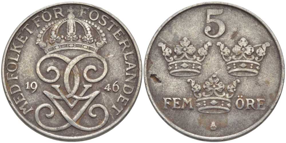 Швеция 5 эре 1946 Густав V (1907-1950) KM 812 железо 115-915