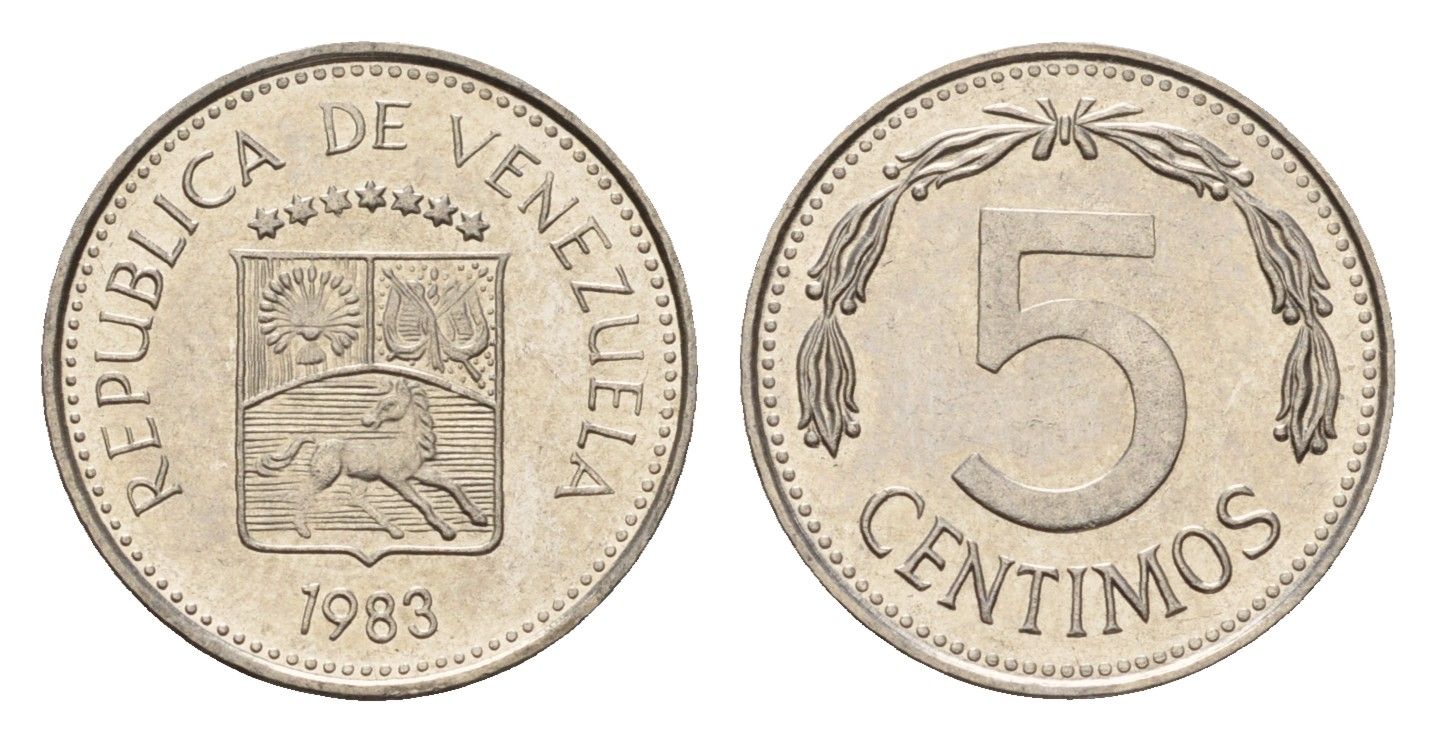 Венесуэла 5 сентимо 1983 год-тип Y 49a сталь плакированная никелем aUNC 4643-911