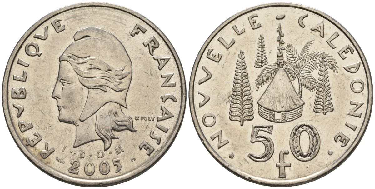 Французская Новая Каледония 50 франков 2005 хижина среди сосен и пальм, (IEOM) KM 13, Schoen 15, Lec 121 никель 4144-644