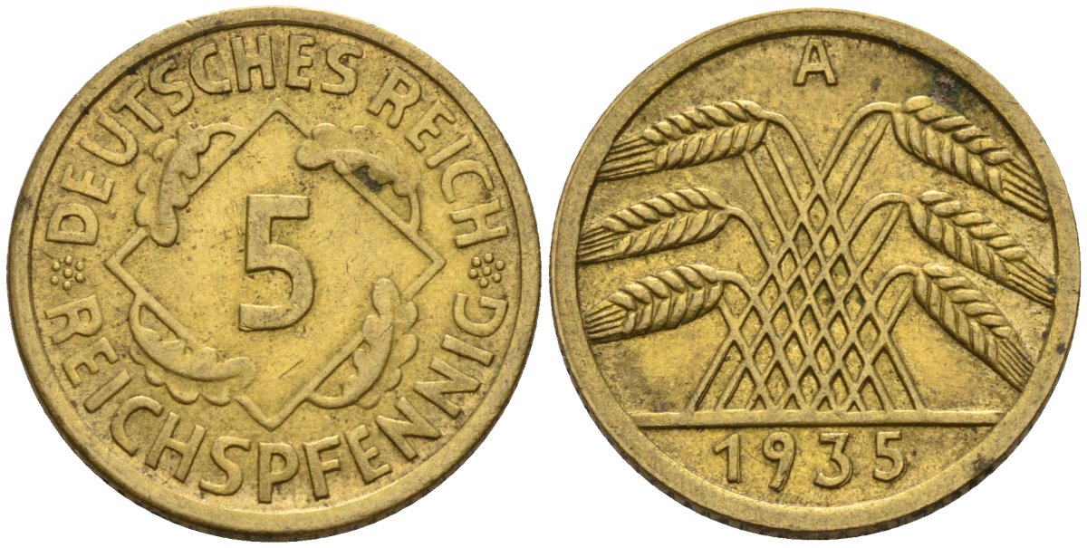 Германия 5 рейхспфеннигов 1935 A KM 39, J. 316 алюминиевая бронза 4151-732