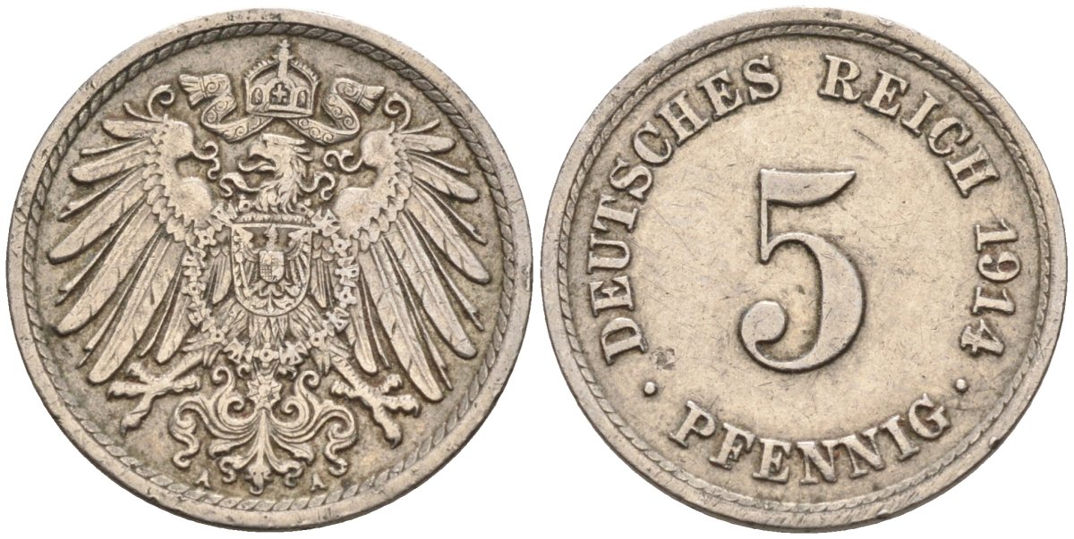 Германия 5 пфеннигов 1914 А KM 11, J. 12 медно-никель 4594-368
