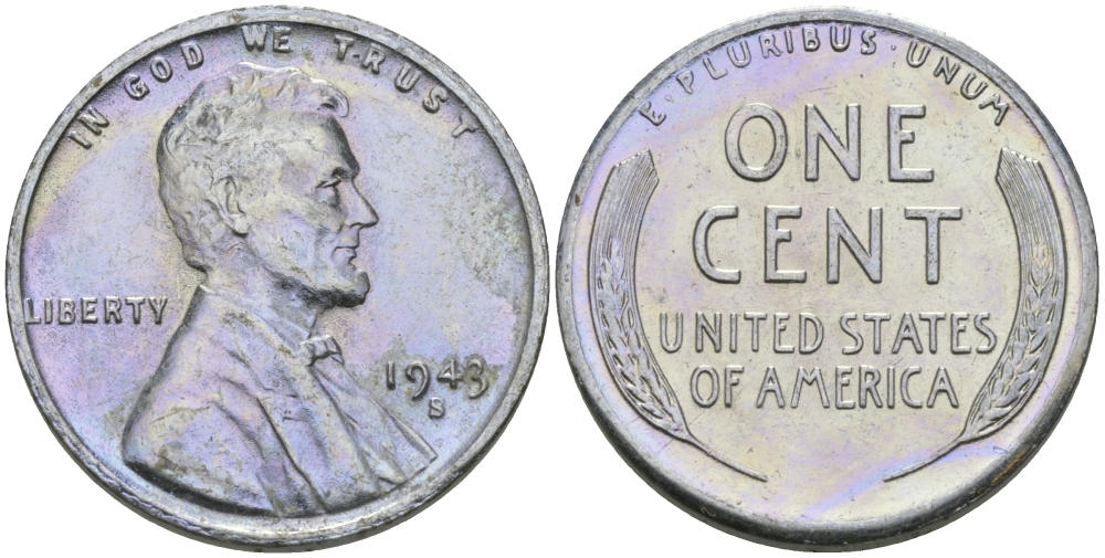 США 1 цент 1943 S (Сан-Франциско), Авраам Линкольн KM 132 a сталь плакированная цинком 96-1158