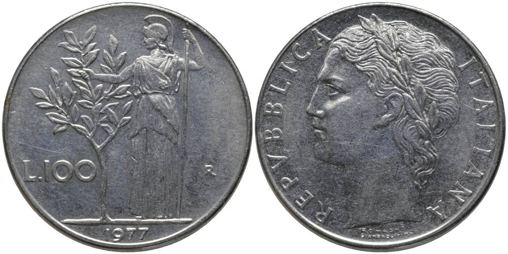 ИТАЛИЯ 100 ЛИР 1977 R, АФИНА KM 96.1 нержавеющая сталь 32-941