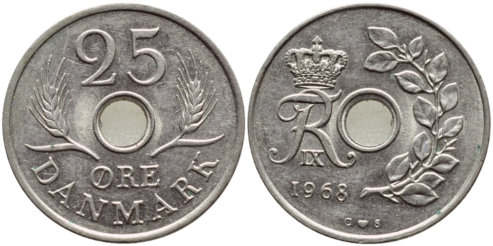 Дания 25 эре 1968 С;S, Фредерик IX (1947-1972) KM 855.1 медно-никель 4398-955