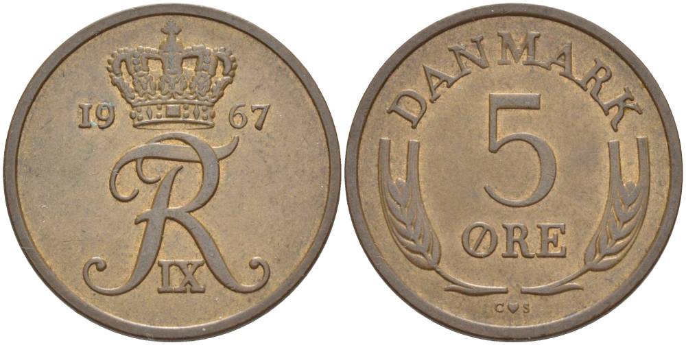 ДАНИЯ 5 ЭРЕ 1967 C; S, ФРЕДЕРИК IX (1947-1972) KM 848.1 бронза 4551-1252