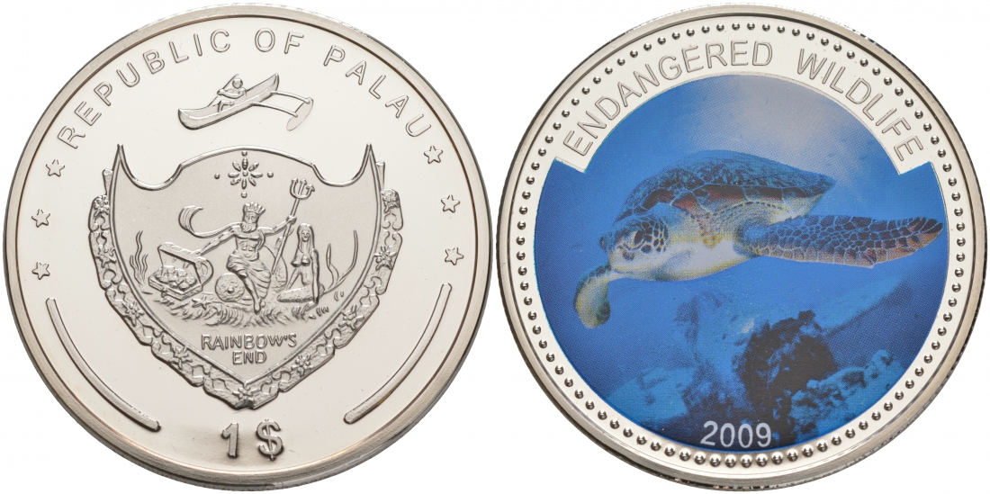 Палау 1 доллар 2009 серия вымирающие виды, морская черепаха (Eretmochelys imbricata), цветная эмаль KM 284 медно-никель PROOF M39-19