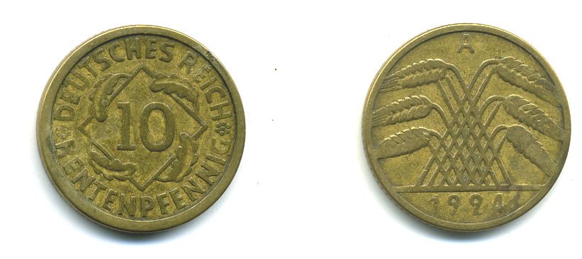ГЕРМАНИЯ 10 РЕНТЕНПФЕННИГОВ 1924 A KM 33, J. 309, Weege 8 алюминиевая бронза 46-1335