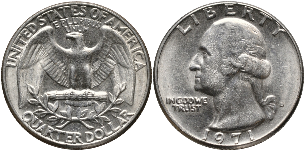 США 25 центов (квотер) 1971 D, Вашингтон KM 164a медь плакированная медно-никелем 4390-1126