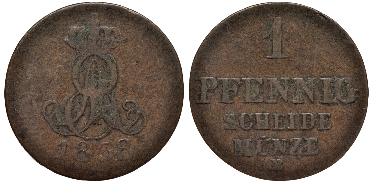 Ганновер 1 пфенниг 1838 B, Эрнст Август (1837-1851) KM 176, AKS 127, J. 53 медь 75-466