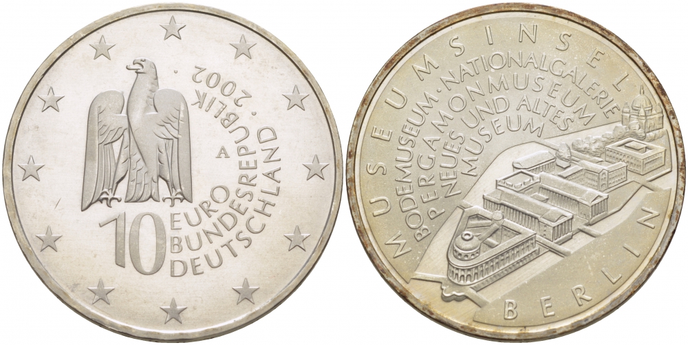 ФРГ 10 евро 2002 А, музейный остров в Берлине KM 218, DE. S. 10.4 серебро UNC 1082-9-15