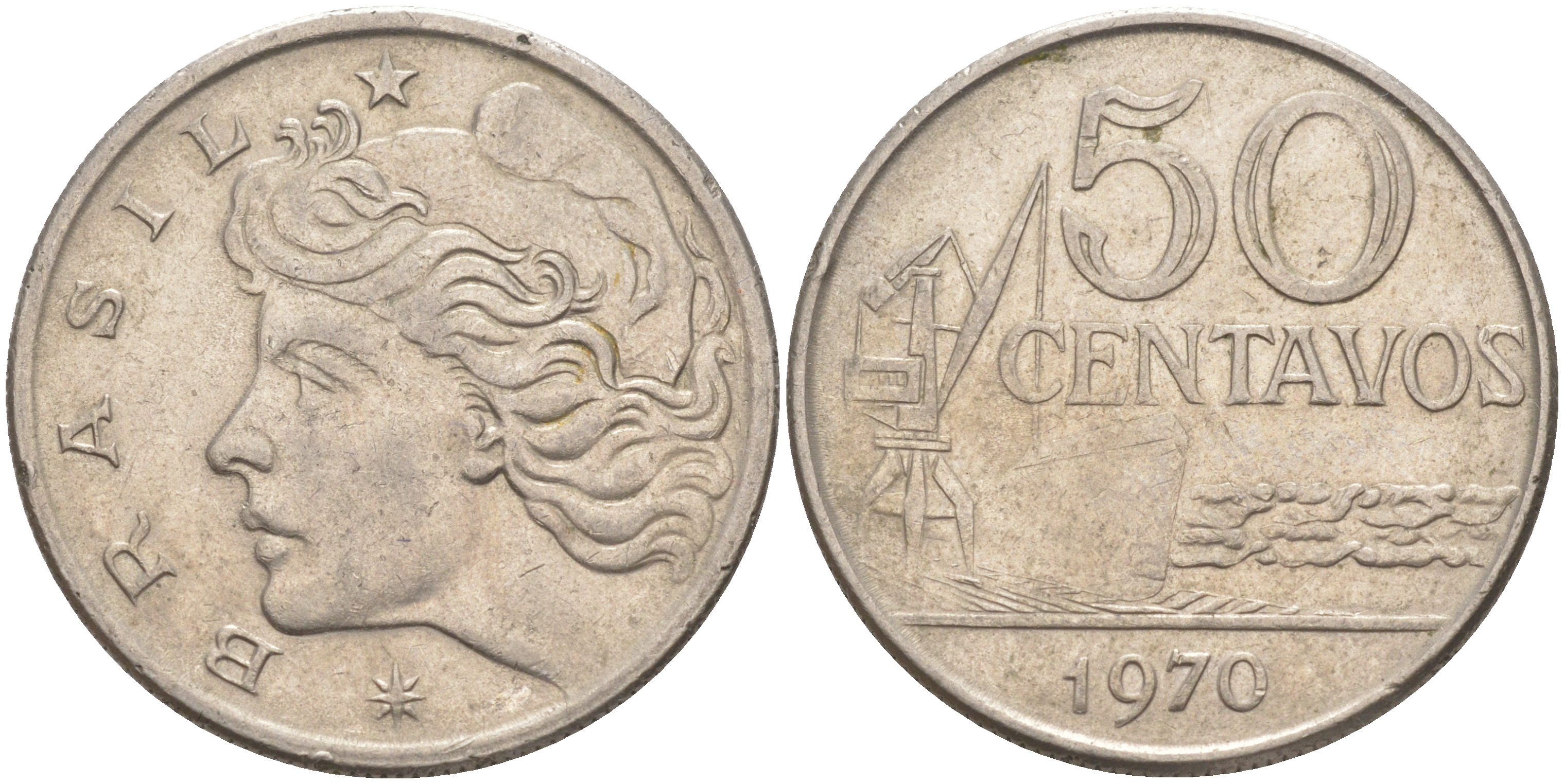 Бразилия 50 сентаво 1970 голова свободы влево KM 580а медно-никель 113-347