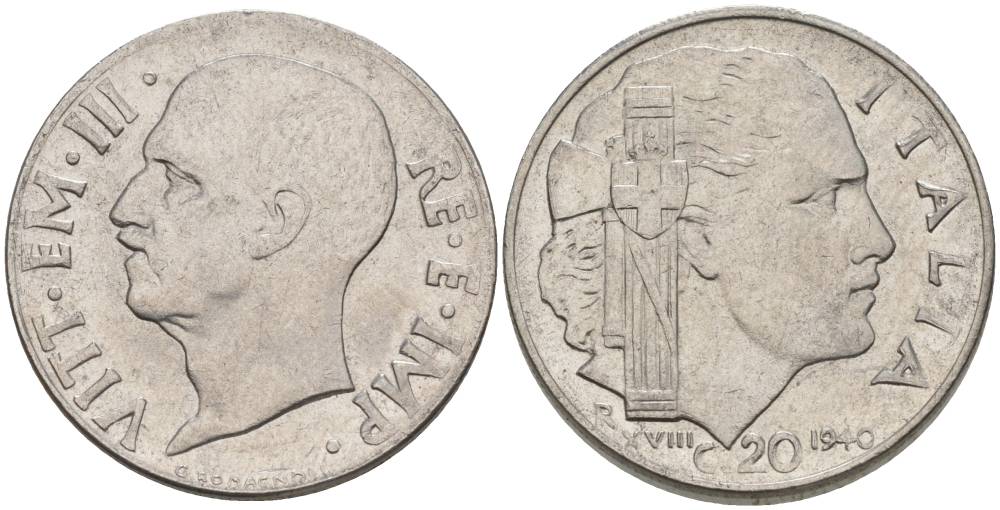 ИТАЛИЯ 20 ЧЕНТЕЗИМО 1940 R, ГОД XVIII, ВИКТОР ЭММАНУИЛ III (1900-1946), МАГНИТНАЯ, ГУРТ РИФЛЁНЫЙ KM 75b, VEM3. 1025 нержавеющая сталь 3853-526