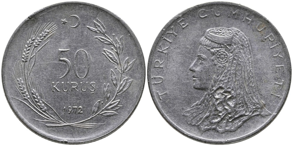 Турция 50 курушей 1972 Анатолийская невеста KM 899 нержавеющая сталь 4541-724