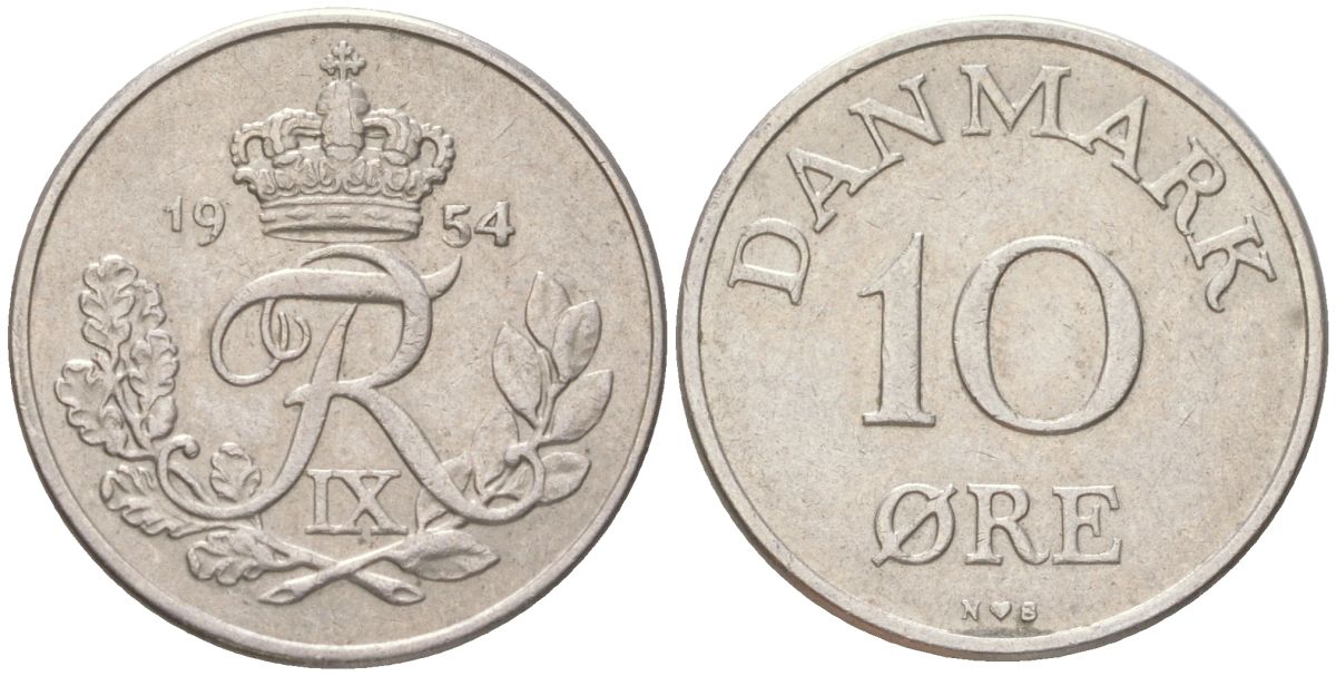 Дания 10 эре 1954 N; S, Фредерик IX (1947-1972) KM 841.2 медно-никель 4613-839