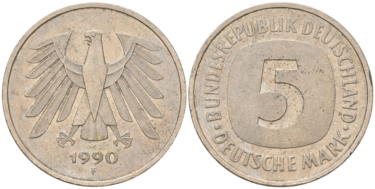 ФРГ 5 марок 1990 F KM 140.1 медно-никель 4557-534