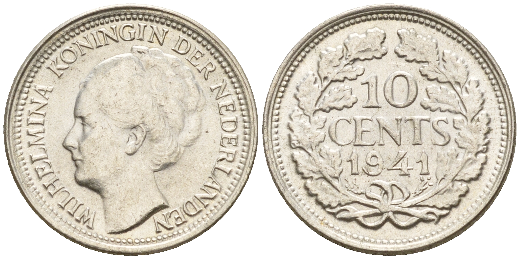 Нидерланды 10 центов 1941 Вильгельмина I (1890-1948) КМ 163 серебро  4160-1244