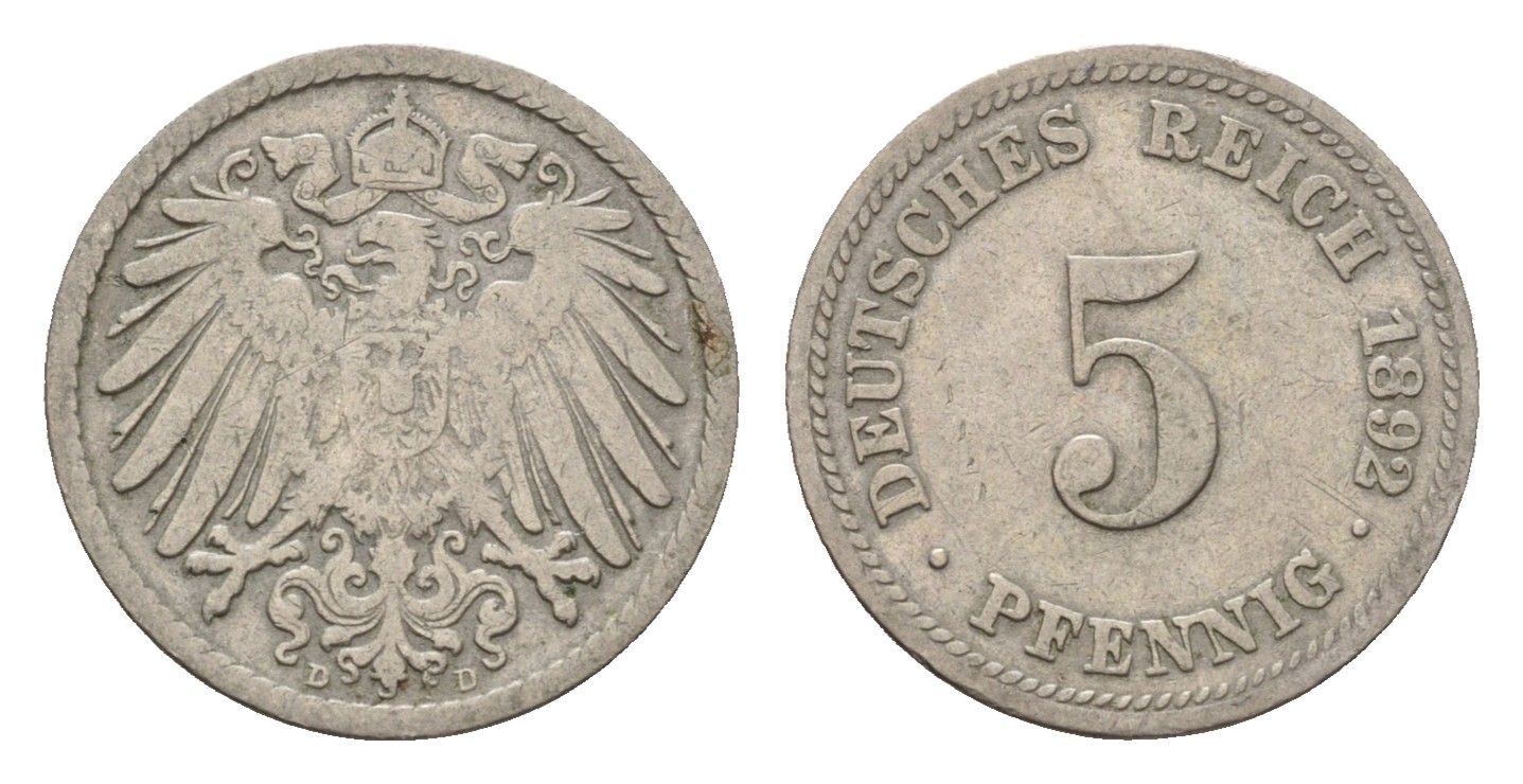 Германия 5 пфеннигов 1892 D, Вильгельм II (1888-1918) KM 11, J. 12 медно-никель 4632-765