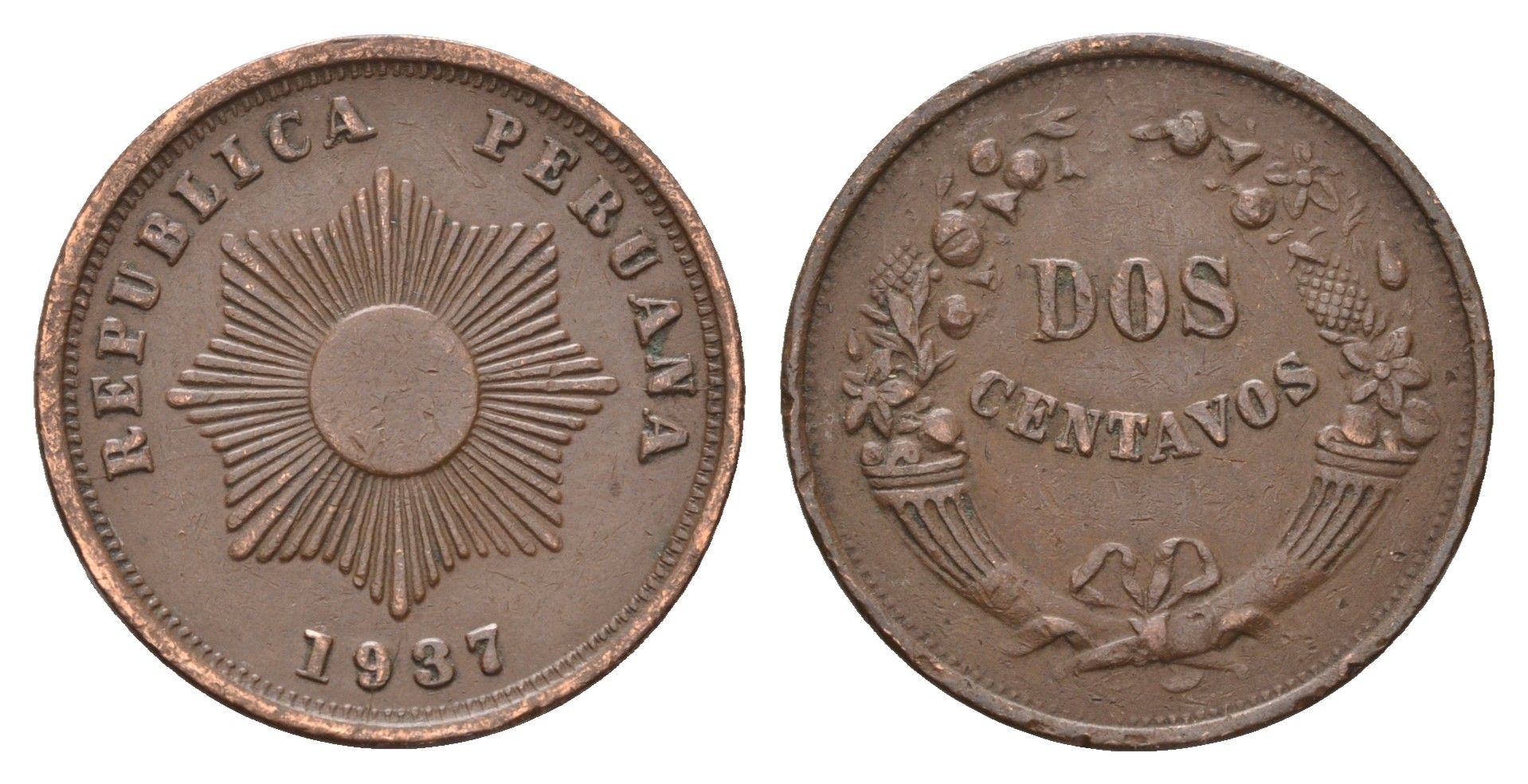 Перу 2 сентаво 1937 KM 212 бронза 80-513
