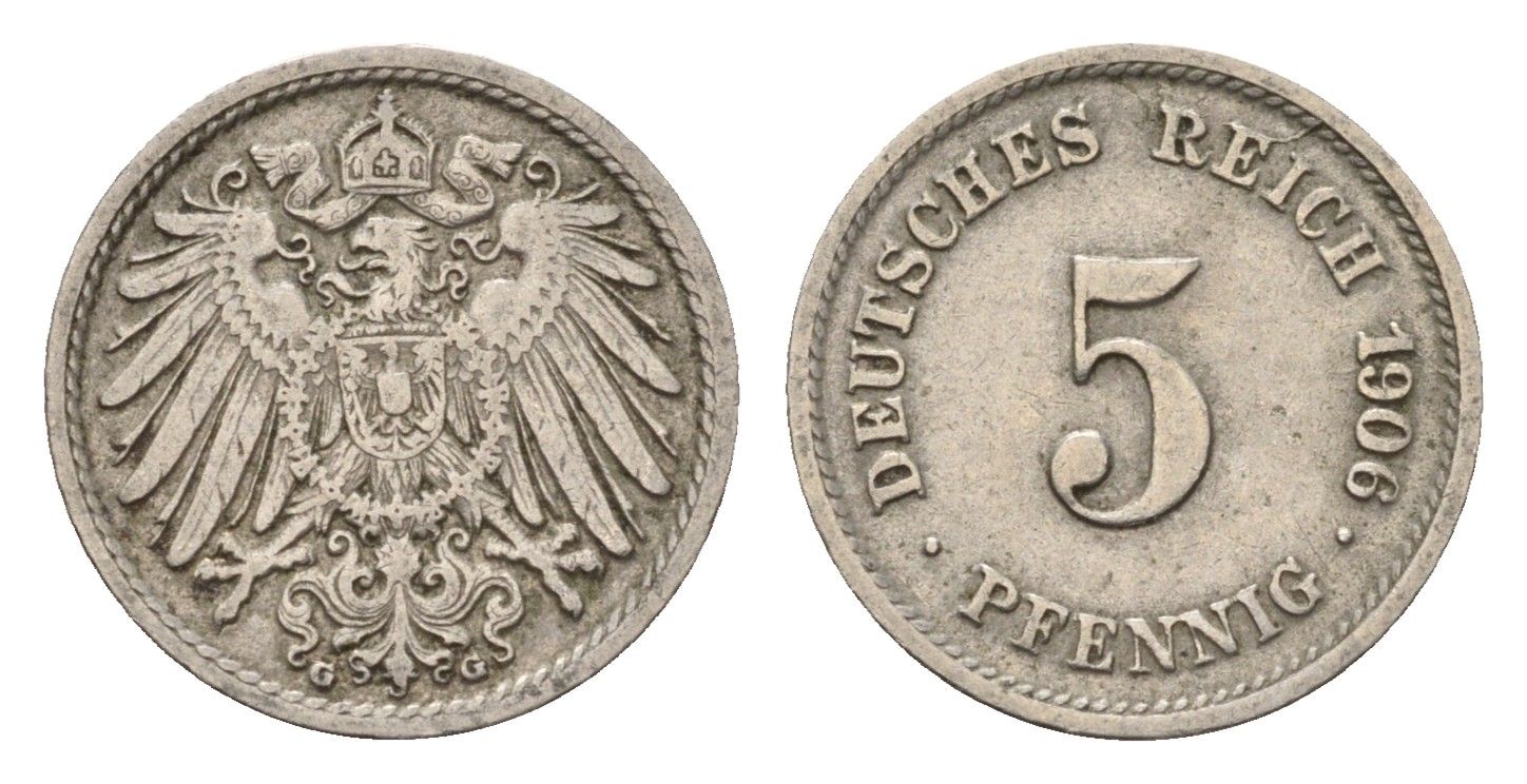 Германия 5 пфеннигов 1906 G, Вильгельм II (1888-1918) KM 11, J. 12 медно-никель 4636-138
