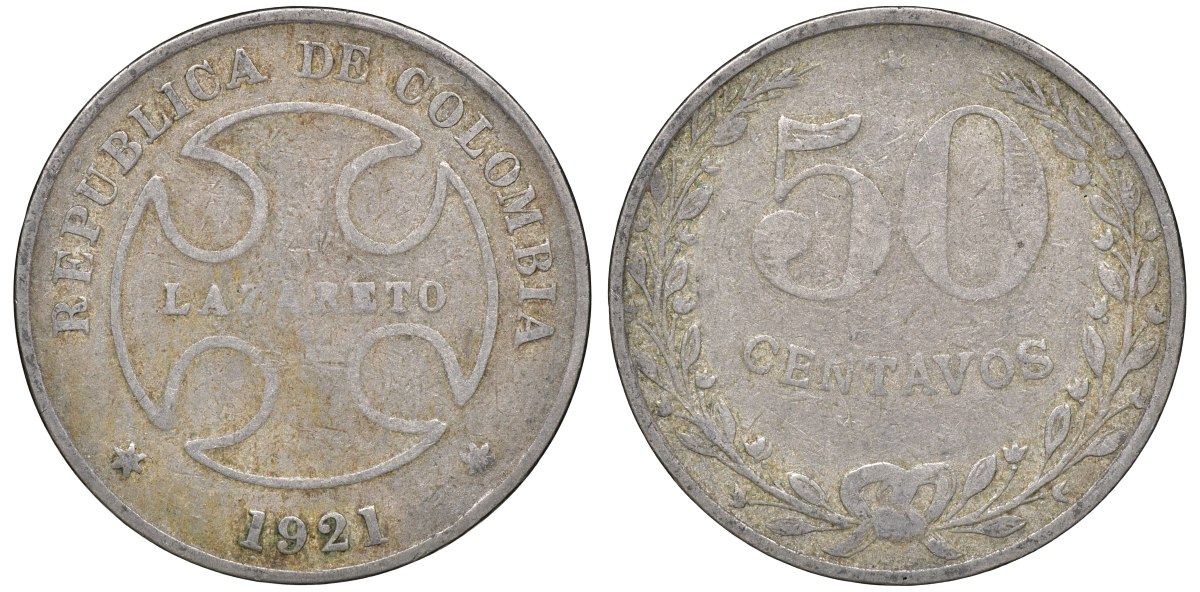 Колумбия 50 сентаво 1921 государственный лепрозорий KM L13 медно-никель 53-946