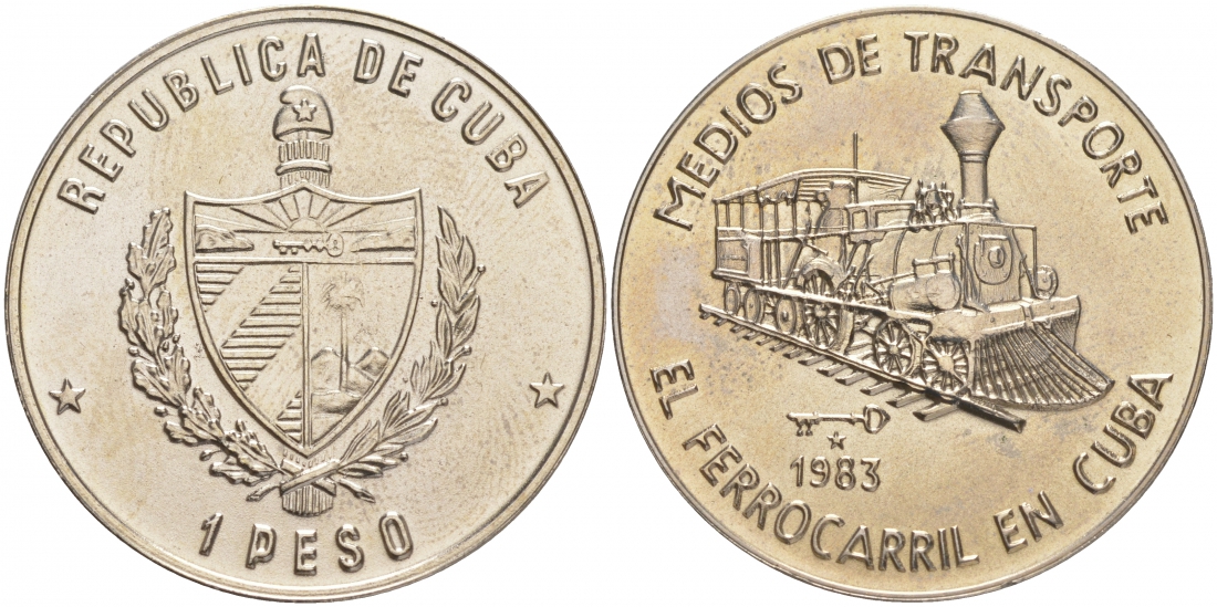 Куба 1 песо 1983 серия транспорт Кубы, железные дороги,  паровоз KM 106 медно-никель UNC M35-09