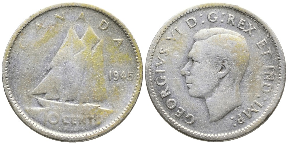 Канада 10 центов 1945 Георг VI (1937-1952), парусник KM 34 серебро 4532-743