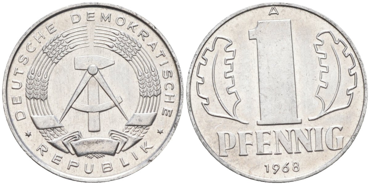 ГДР 1 пфенниг 1968 А KM 8.1 алюминий UNC 4585-833