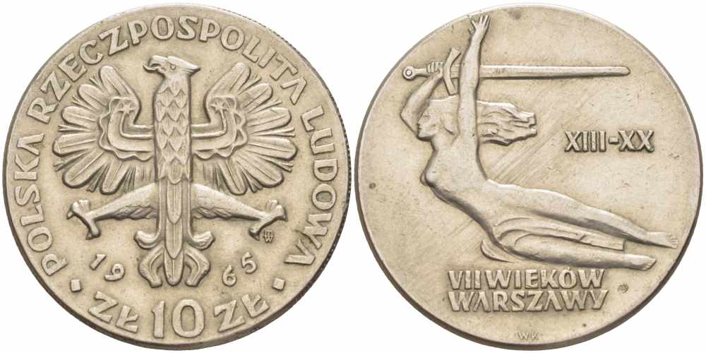 Польша 10 злотых 1965 700 лет Варшаве, богиня победы Ника с мечем KM 54 медно-никель 109-612