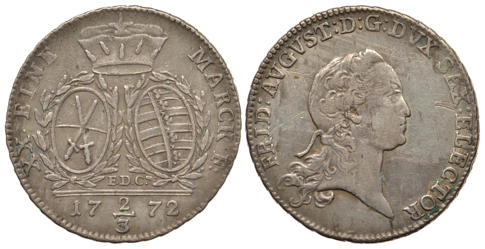 САКСОНИЯ 2/3 ТАЛЕРА 1772 EDC, ФРИДРИХ АВГУСТ III (1763-1806) KM 991 (C 118) серебро 413-4921