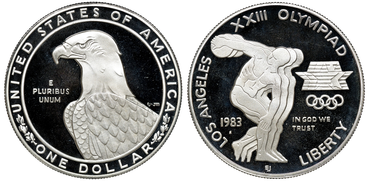 США 1 доллар 1983 XXII Олимпийские игры в Лос-Анжелесе, дискобол, S, в оригинальной коробке KM 209 серебро PROOF 00-00