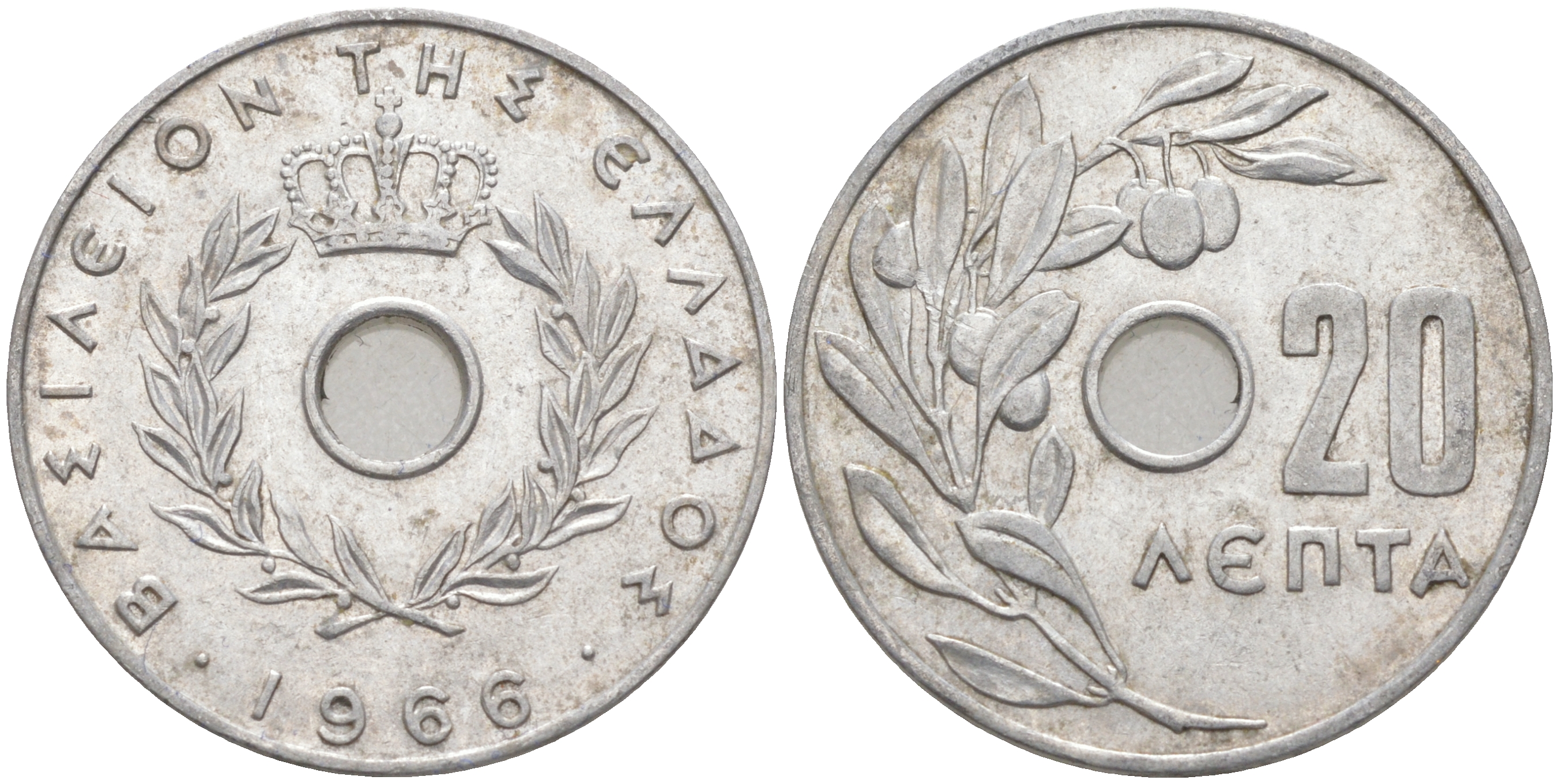 Греция 20 лепта 1966 Константин II (1964-1974), оливковая ветвь KM 79 алюминий 4610-1041