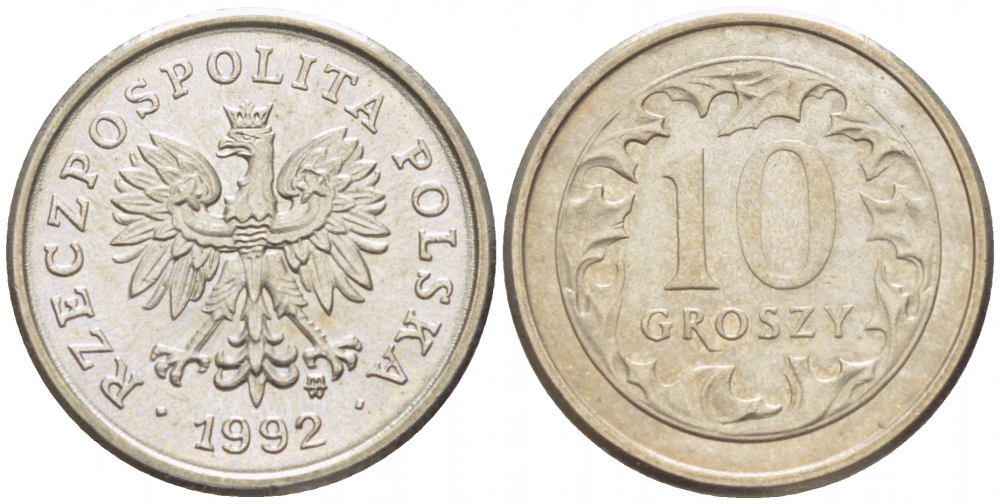 Польша 10 грошей 1992 MW KM 279 медно-никель UNC 112-815