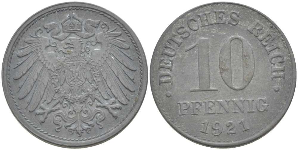 ГЕРМАНИЯ 10 ПФЕННИГОВ 1921 ВЫПУСК 1917-1922 KM 26, J. 299, Weege 8 цинк 212-841
