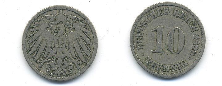 ГЕРМАНИЯ 10 ПФЕННИГОВ 1898 A KM 12, J. 13 медно-никель 58-223