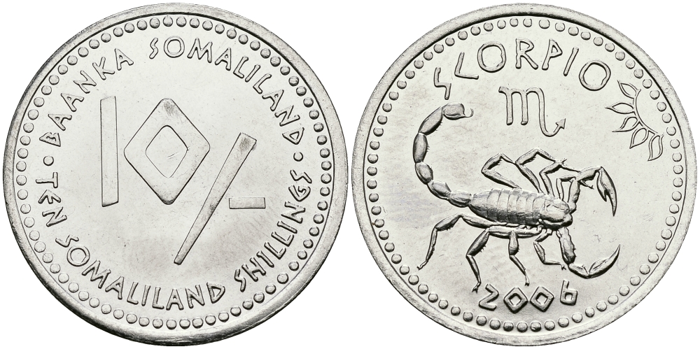 Сомалиленд 10 шиллингов 2006 СЕРИЯ ЗНАКИ ЗОДИАКА, СКОРПИОН KM NEW никелированная сталь UNC 540-834