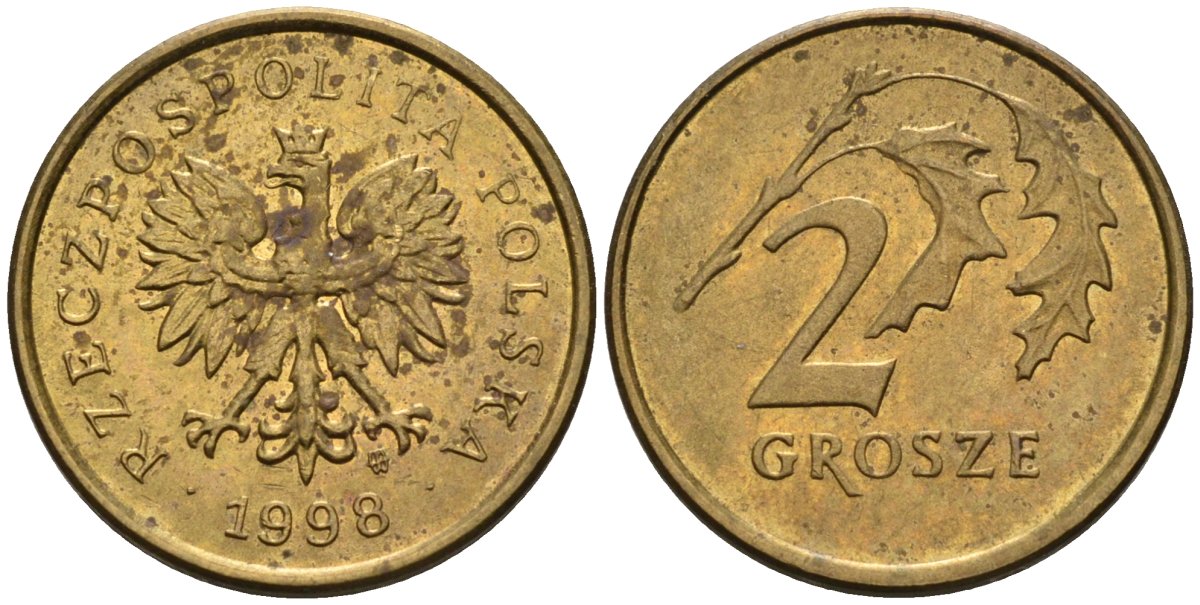 Польша 2 гроша 1998 MW KM 277, Parchimowicz 702e латунь 4580-519