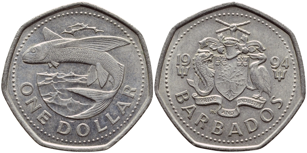 БАРБАДОС 1 ДОЛЛАР 1994 ЛЕТУЧАЯ РЫБА KM 14.2 медно-никель 4398-255