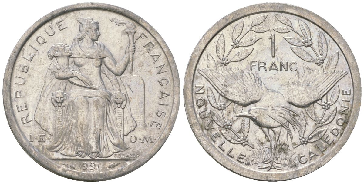 Французская Новая Каледония 1 франк 1991 птица кагу, (IEOM) KM 10, Schoen 10, Lec 51 алюминий 53-1015