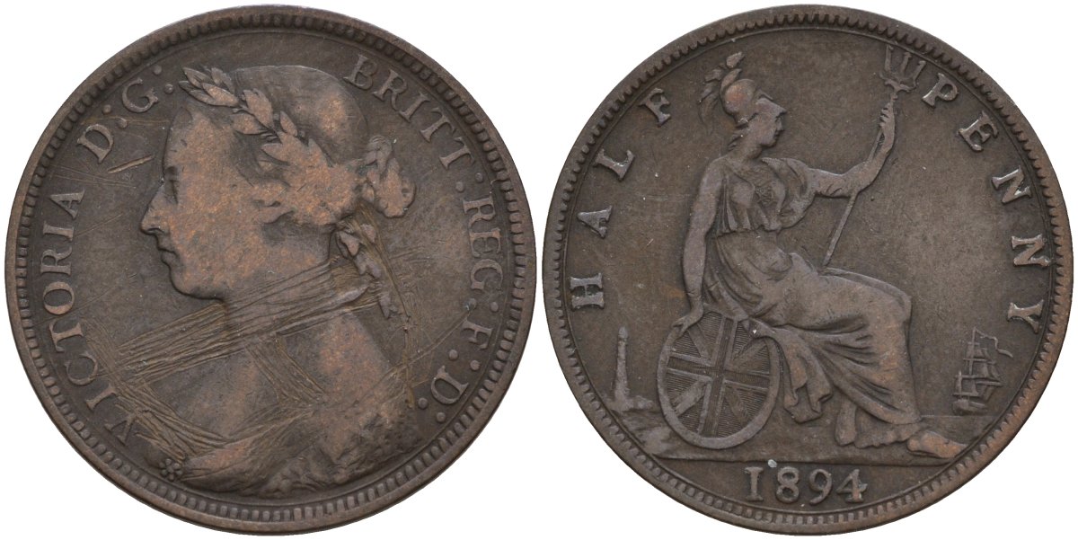 Великобритания 1/2 пенни 1894 Виктория (1837-1901) KM 754, Spink 3956 бронза 4146-111